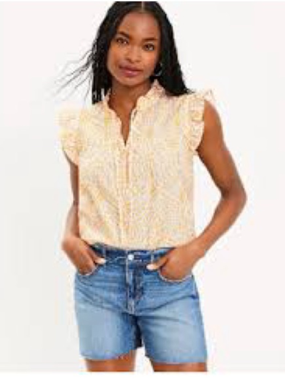 LOFT White Orange Embroidered Romantic
Eyelet Blouse Ruffle Cap Sleeve Boho SP